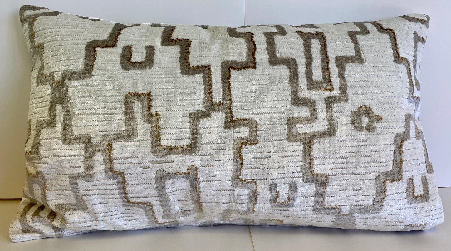 Luxury Lumbar Pillow - 24" x 14" - Manhattan Pearl; a beautiful white textured chenille with silver and taupe design