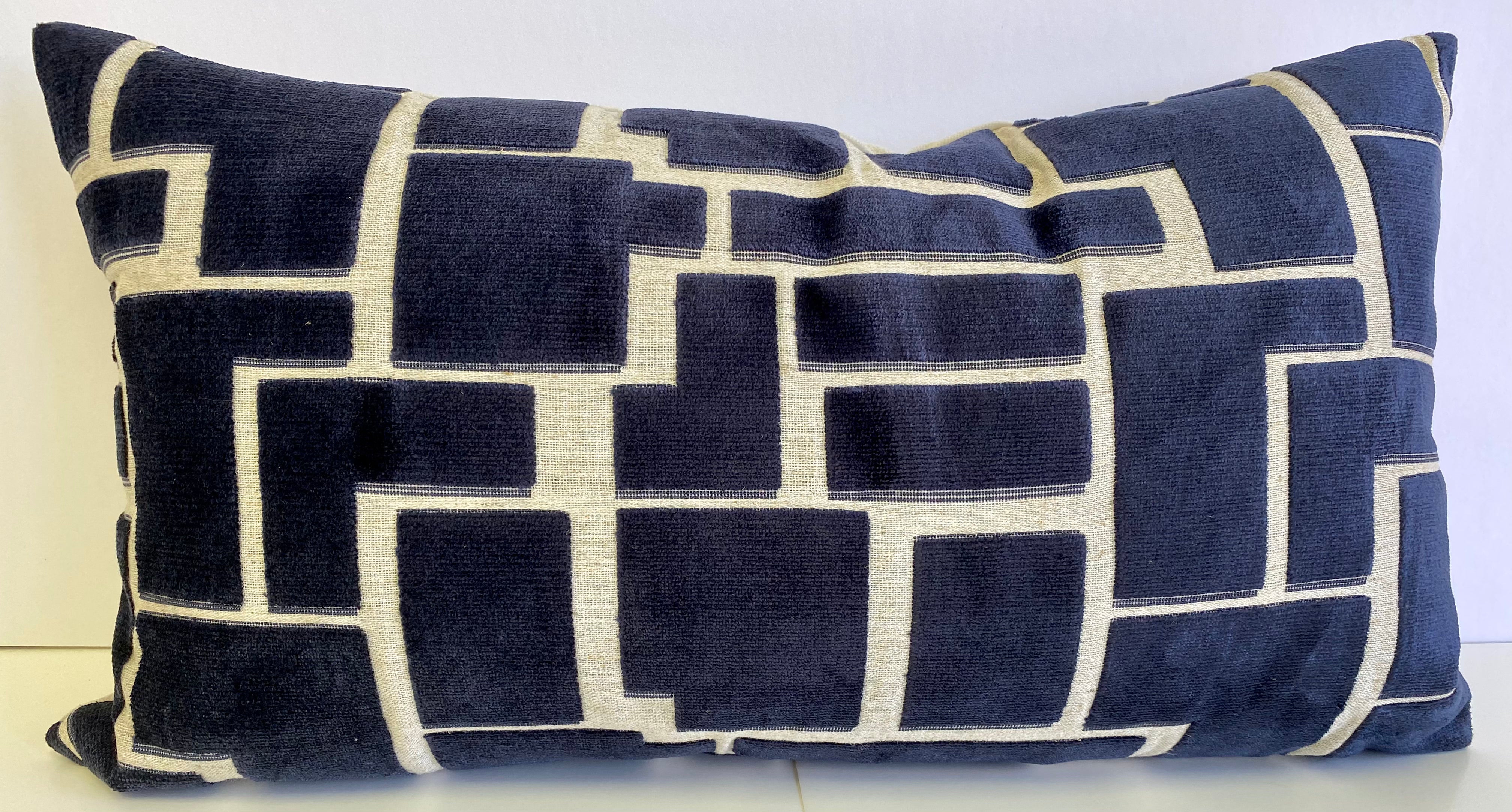 Luxury Lumbar Pillow 24 x 14 Aura Navy Blue velvet over a cream background in and abstract design