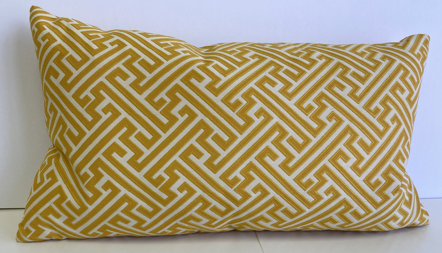 Luxury Lumbar Pillow - 24" x 14" - Amazed Yellow; Bright yellow embroidered maze pattern on a cream background