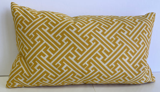 Luxury Lumbar Pillow - 24" x 14" - Amazed Yellow; Bright yellow embroidered maze pattern on a cream background