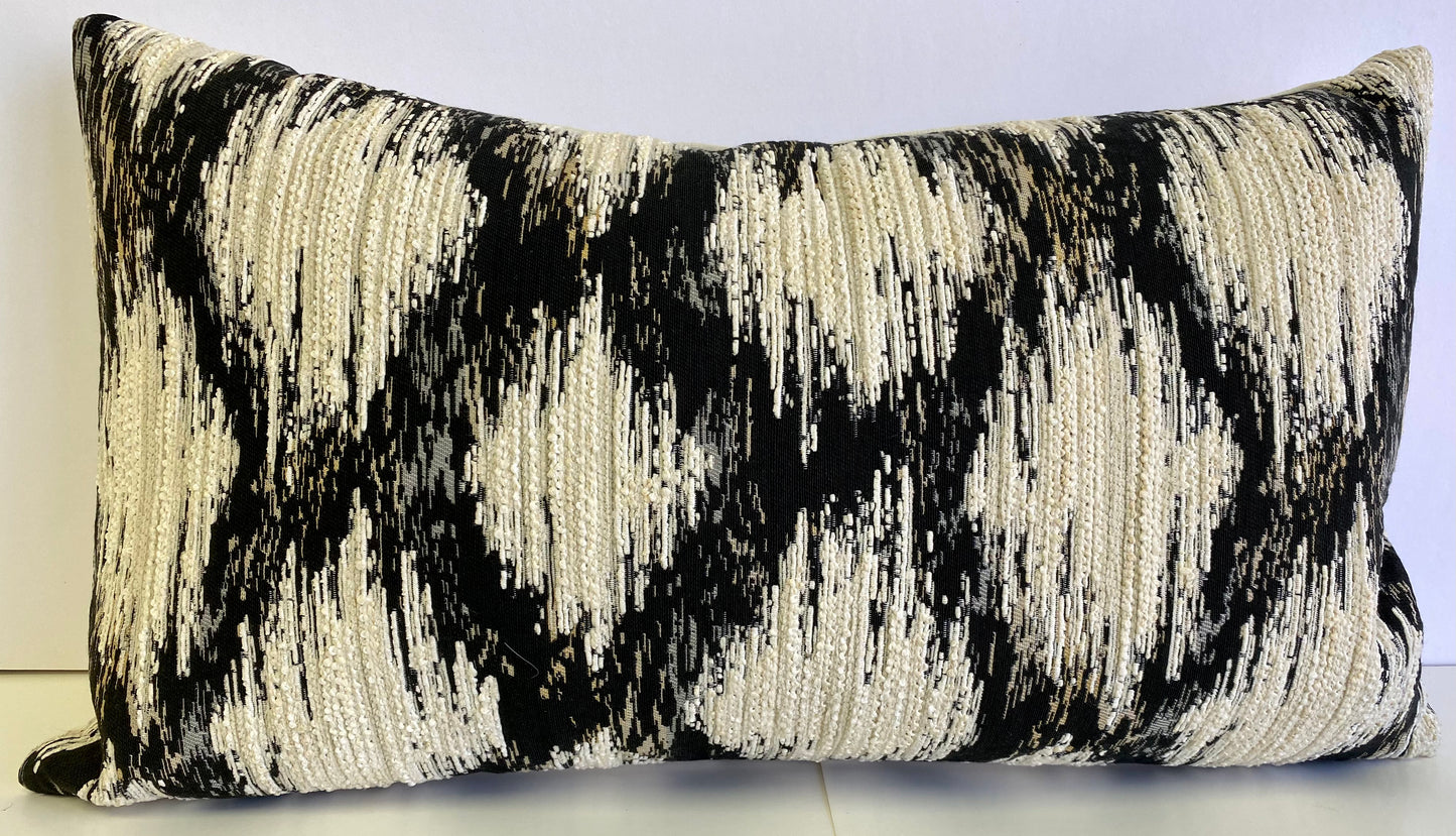 Luxury Lumbar Pillow - 24" x 14" - Athena; Embroidered Black, Pearl and Ecru Geometric