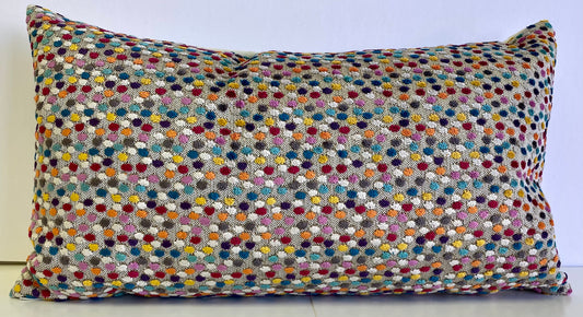 Luxury Lumbar Pillow - 24” x 14” - Bacchus; Chenile dots of red, fuchsia, teal, purple, yellow & blue on a pearl background