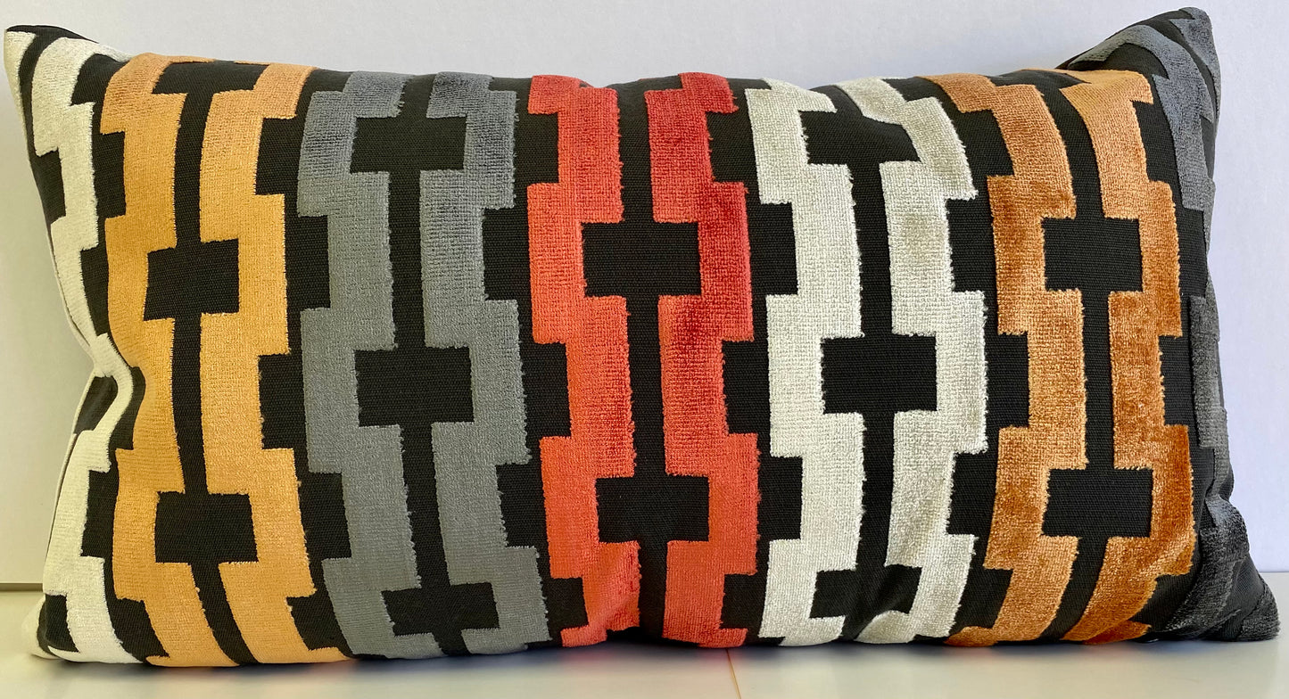 Luxury Lumbar Pillow - 24" x 14" -  Bardot-Atomic; Geometric weave of red orange, grey, tangerine and silver on a dark grey base