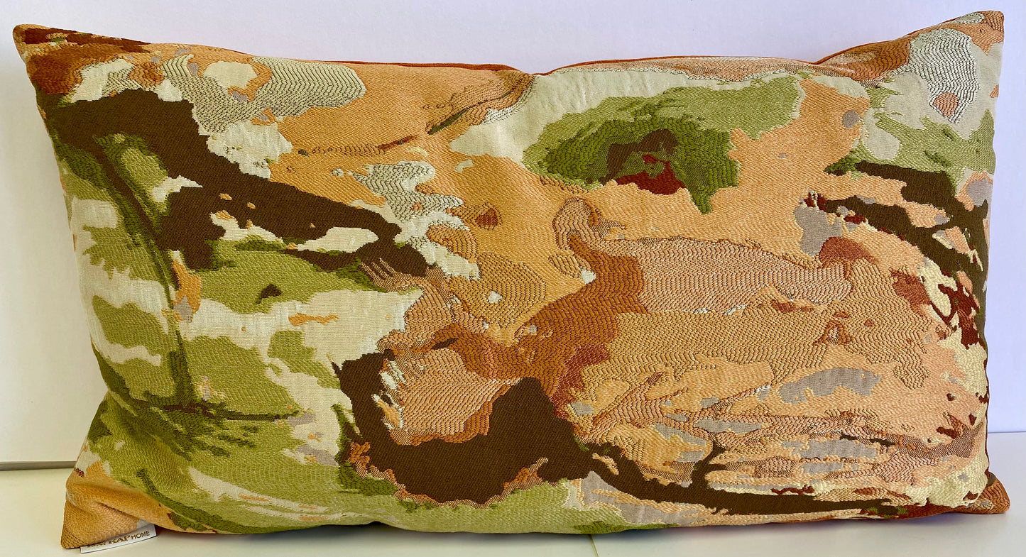 Luxury Lumbar Pillow - 24" x 14" - Contraption; Orange, Coral, Green and Brown in Abstract Pattern