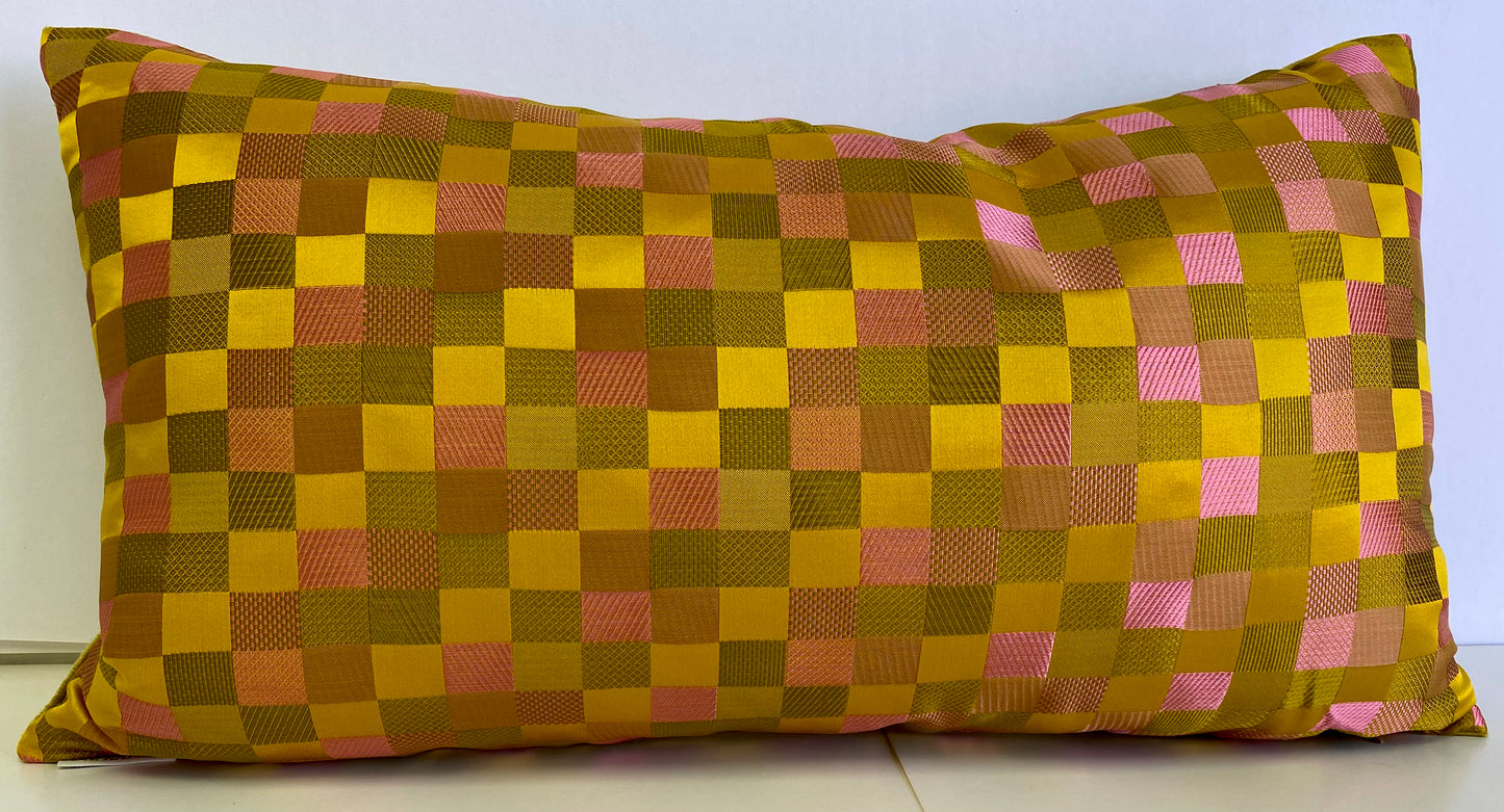 Luxury Lumbar Pillow - 24" x 14" - Cubit Gold; Shimmering Gold, Mustard and Pink Textural Squares
