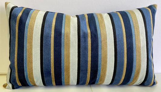 Luxury Lumbar Pillow - 24” x 14” Conan Harbor - Velvet fabric of blues, gold and white in a striped pattern