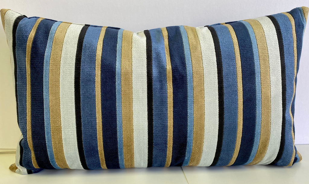 Luxury Lumbar Pillow - 24” x 14” Conan Harbor - Velvet fabric of blues, gold and white in a striped pattern