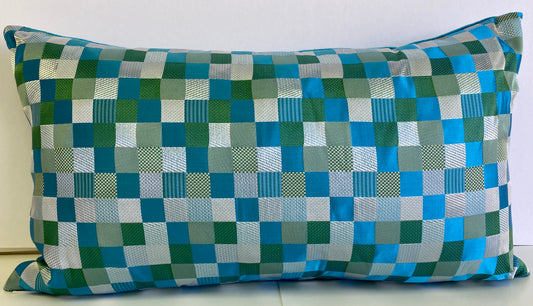 Luxury Lumbar Pillow - 24" x 14" - Cubit Aqua; Shimmering Aqua, Silver and Green Textural Squares