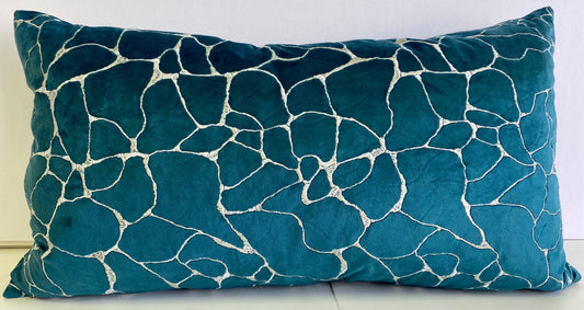 Luxury Lumbar Pillow - 24" x 14" -  Dare-Laguna; Silver embroidery on teal base