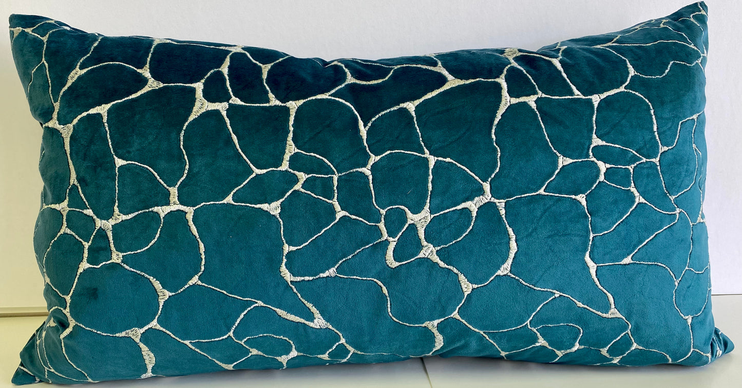 Luxury Lumbar Pillow - 24" x 14" -  Dare-Laguna; Silver embroidery on teal base