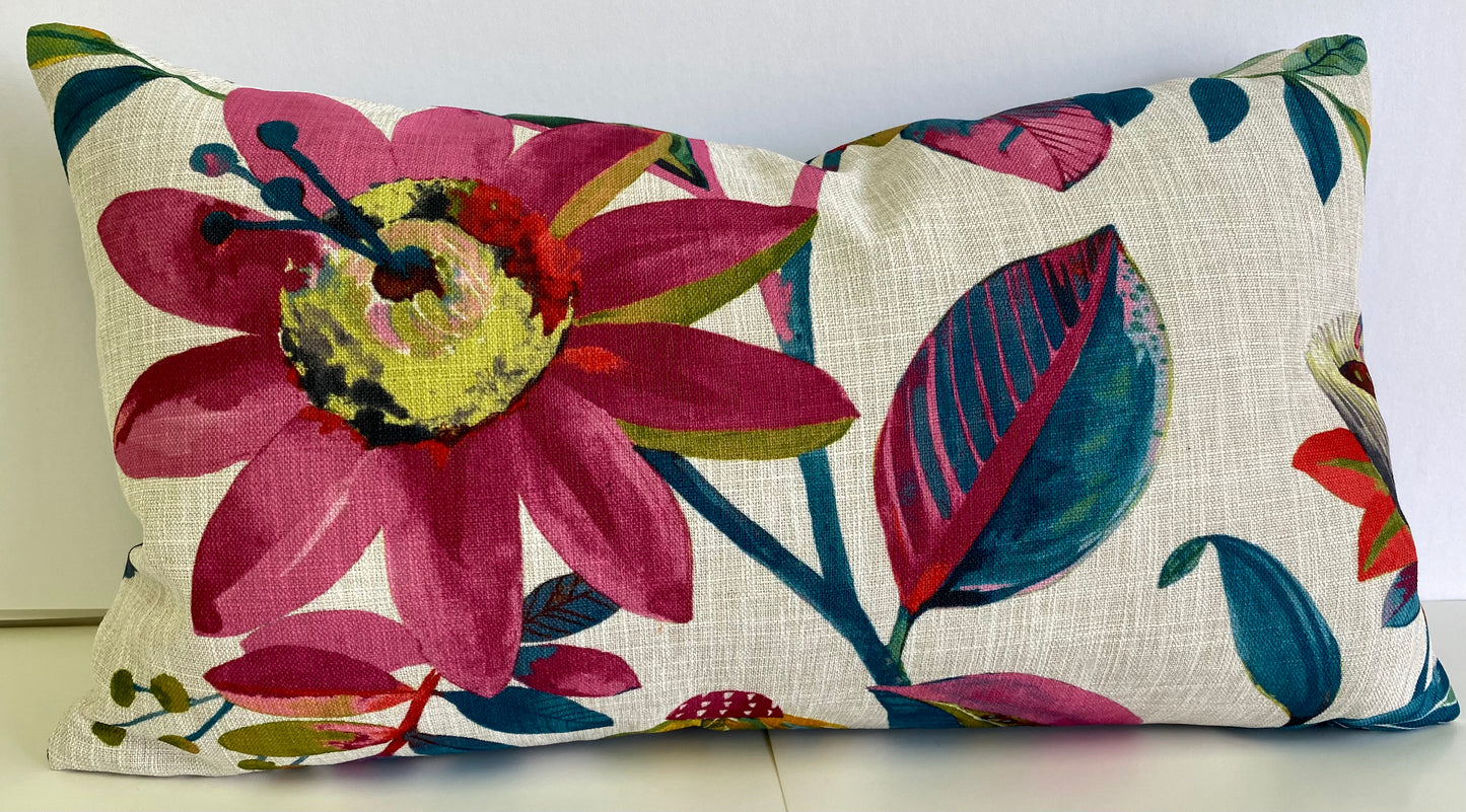 Luxury Lumbar Pillow - 24” x 14” Darsee; - Fuchsia, oranges, teals, yellow and green floral pattern on a cream background