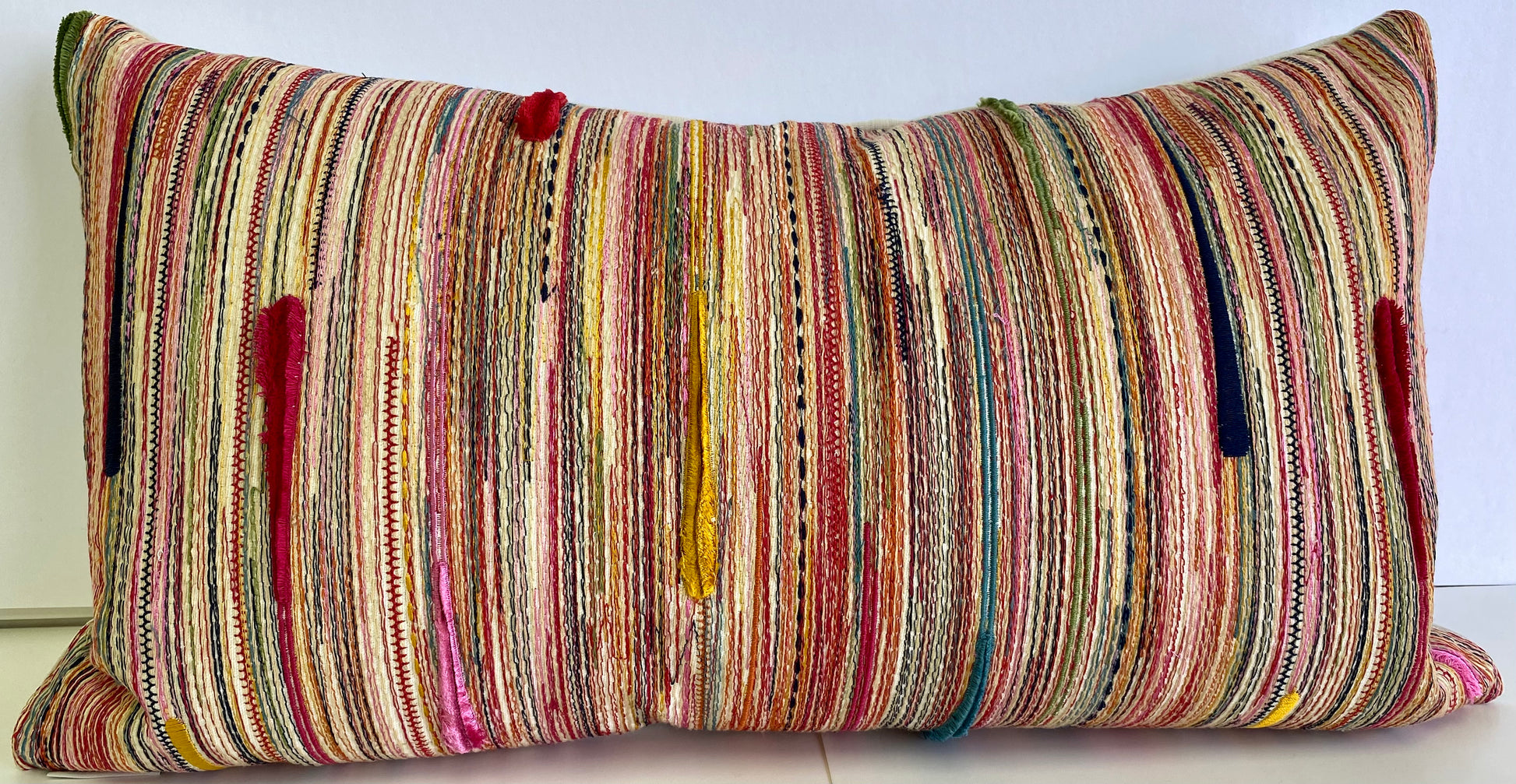 Luxury Lumbar Pillow - 24 x 14 - Dandy; A rainbow of embroidery with slubs