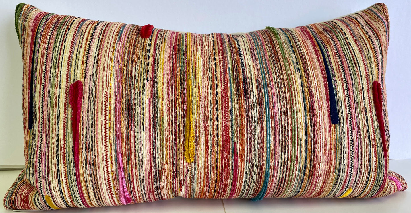 Luxury Lumbar Pillow - 24" x 14" -  Dandy; A rainbow of embroidery with slubs