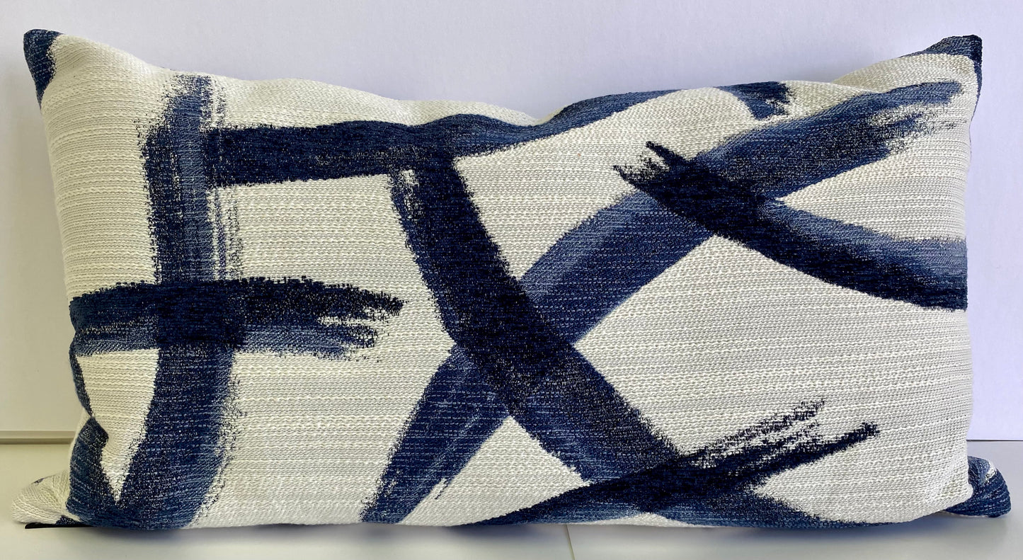 Luxury Lumbar Pillow - 24" x 14" - Enso Indigo; Broad blue paint brush strokes invoke a feel of Shuji, the ancient art of Japanese calligraphy