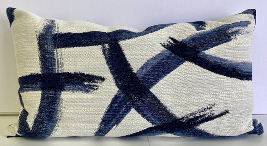 Luxury Lumbar Pillow - 24" x 14" - Enso Indigo; Broad blue paint brush strokes invoke a feel of Shuji, the ancient art of Japanese calligraphy