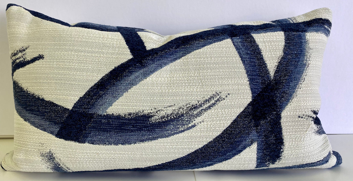 Luxury Lumbar Pillow - 24" x 14" - Enso Indigo; Broad blue paint brush strokes invoke a feel of Shuji, the ancient art of Japanese calligraphy