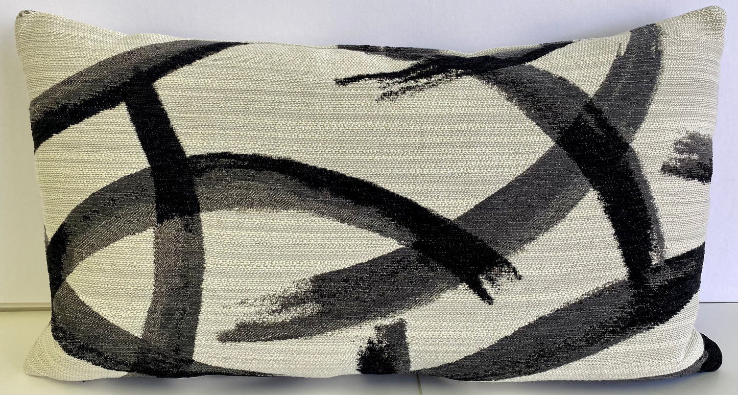 Luxury Lumbar Pillow - 24" x 14" - Enso- Zinc; Broad black paint brush strokes invoke a feel of Shuji, the ancient art of Japanese calligraphy