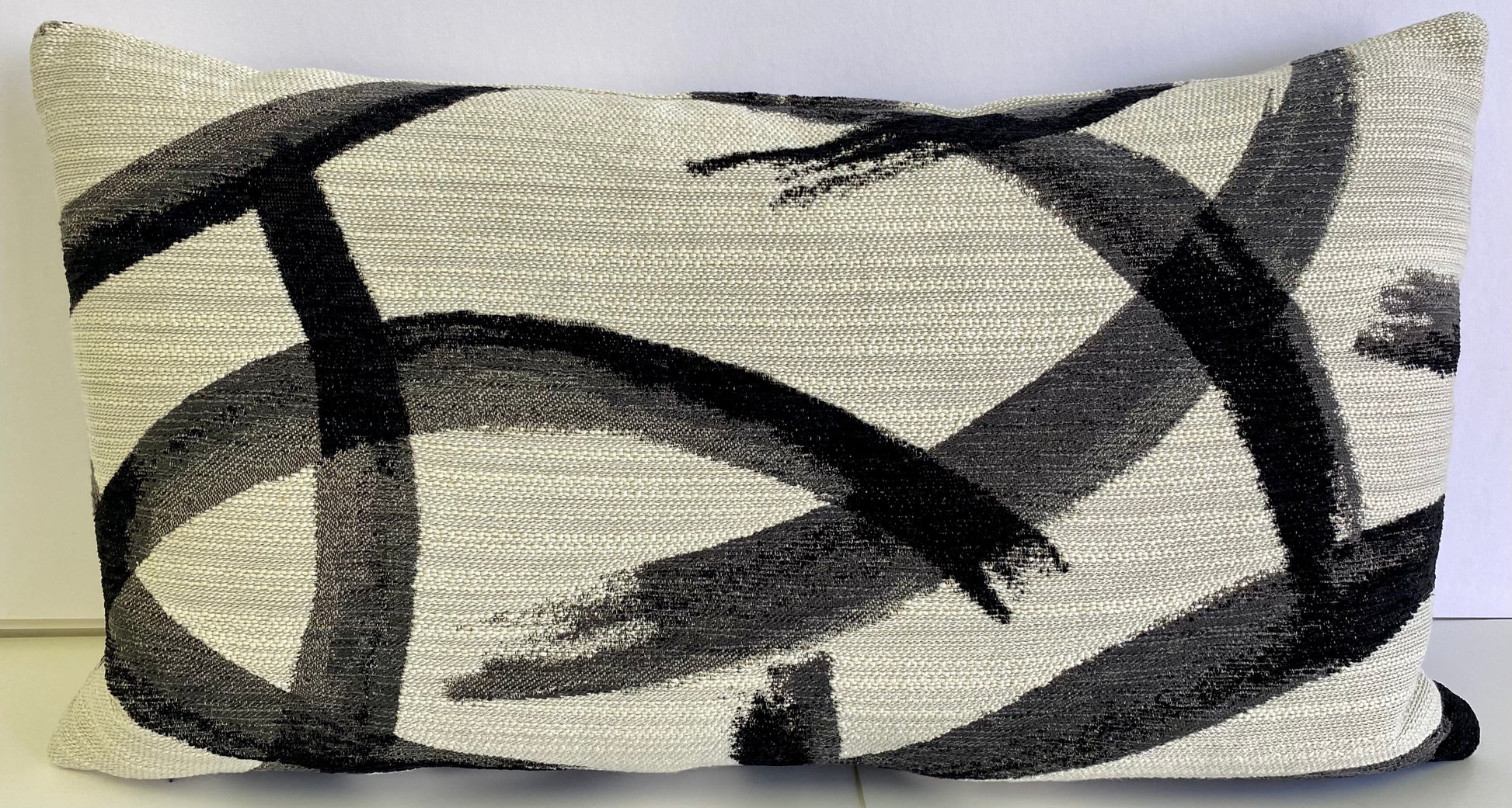 Luxury Lumbar Pillow - 24 x 14 - Enso- Zinc; Broad black paint brush  strokes invoke a feel of Shuji, the ancient art of Japanese calligraphy