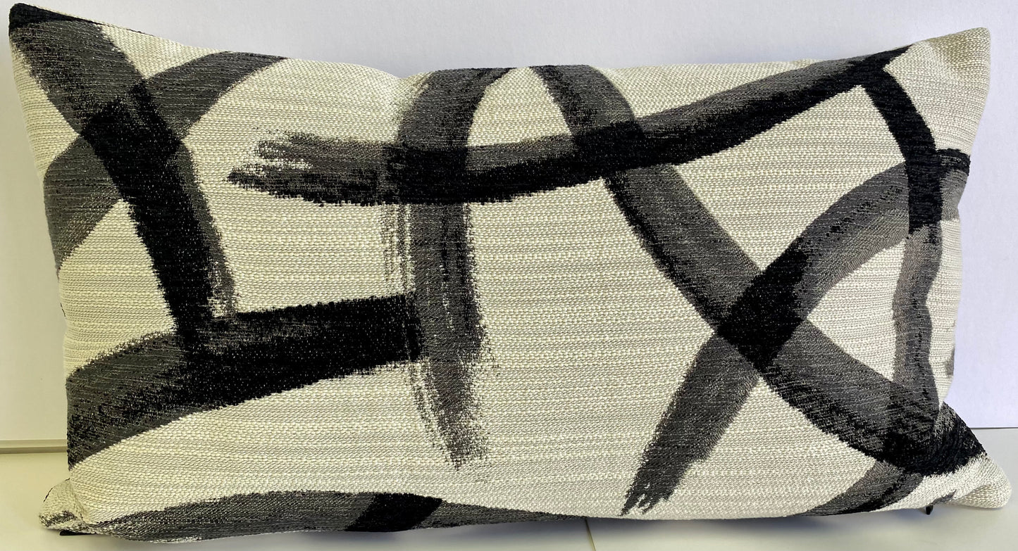 Luxury Lumbar Pillow - 24" x 14" - Enso- Zinc; Broad black paint brush strokes invoke a feel of Shuji, the ancient art of Japanese calligraphy