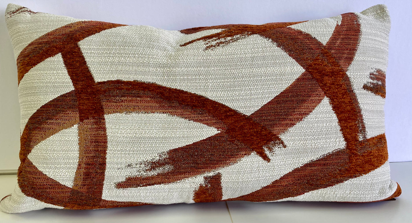 Luxury Lumbar Pillow - 24" x 14" - Enso; Broad copper paint brush strokes invoke a feel of Shuji, the ancient art of Japanese calligraphy