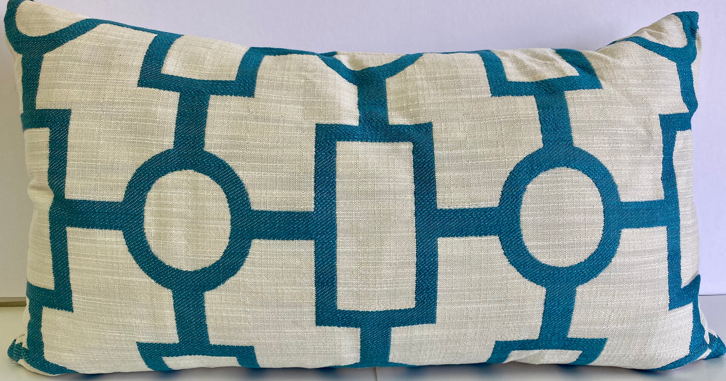 Luxury Lumbar Pillow - 24" x 14" - Ellington Lumbar-Turquoise; MCM screen design in turquoise and white