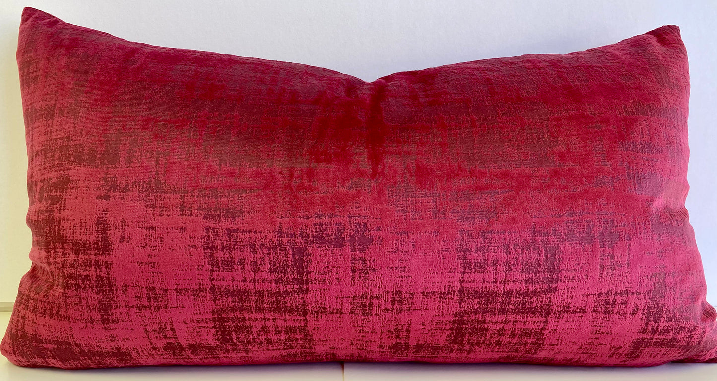 Luxury Lumbar Pillow - 24" x 14" - Fresco Lumbar-Fuchsia; printed fuchsia velvet with a scrub of grey