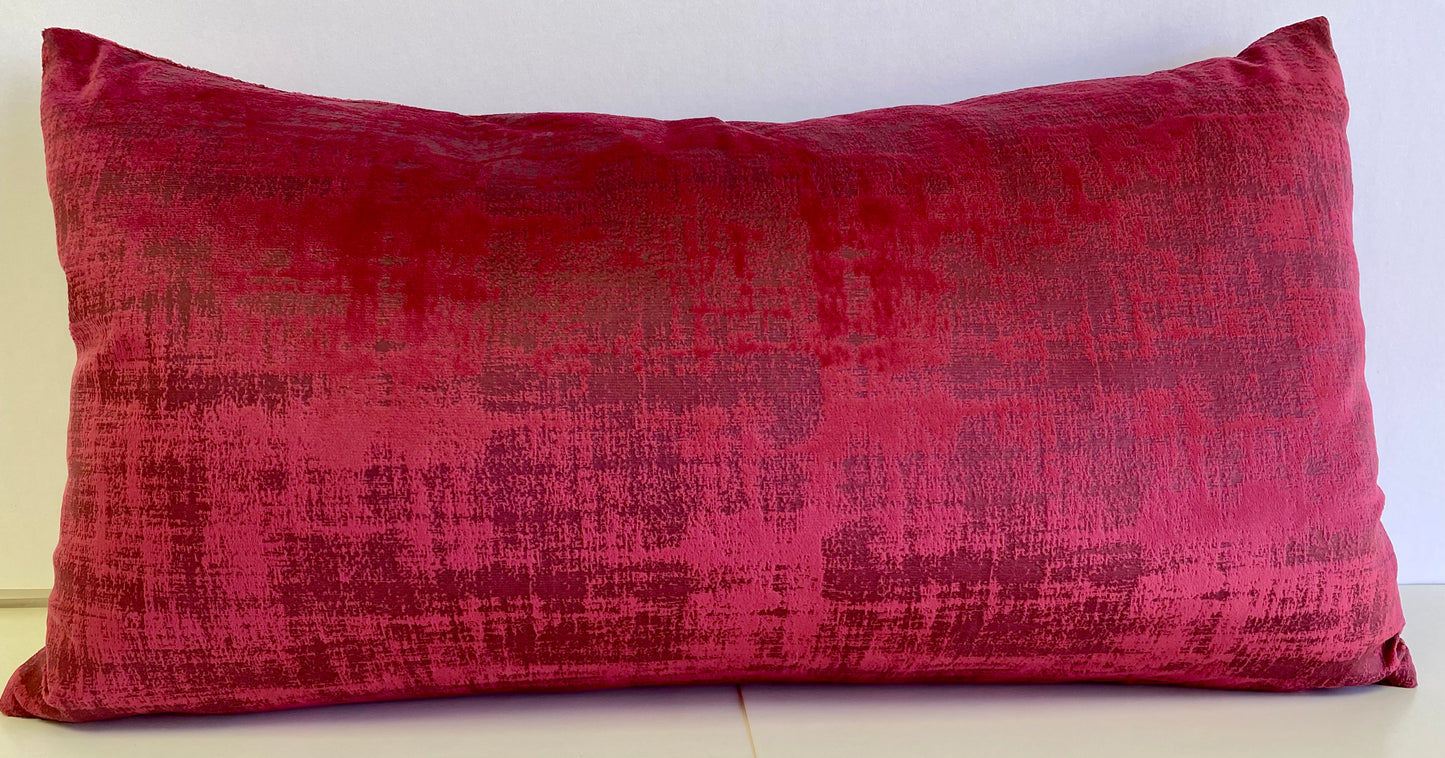 Luxury Lumbar Pillow - 24" x 14" - Fresco Lumbar-Fuchsia; printed fuchsia velvet with a scrub of grey