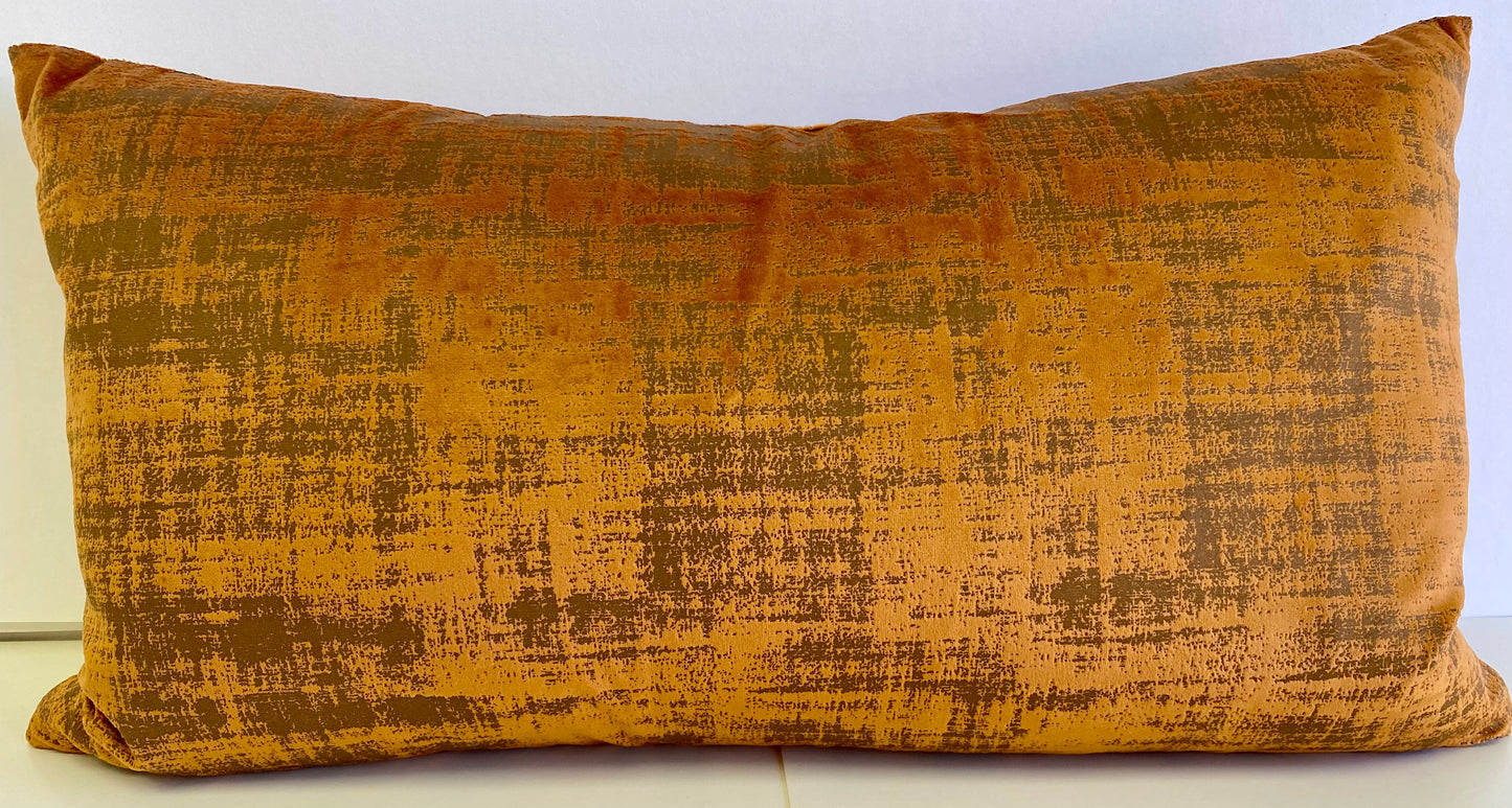 Luxury Lumbar Pillow - 24" x 14" - Fresco Lumbar-Saffron; rust orange velvet with overpaint of grey scrub