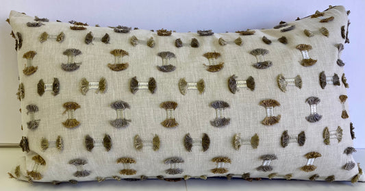 Luxury Lumbar Pillow - 24" x 14" - Frayed Travertine; Fringed bows of taupe, grays, silver & white on a cream linen background