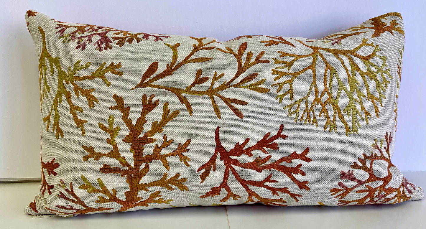 Luxury Lumbar Pillow - 24" x 14" -  Great Barrier - Tropical; Embroidered coral leaves on a sandy colored base