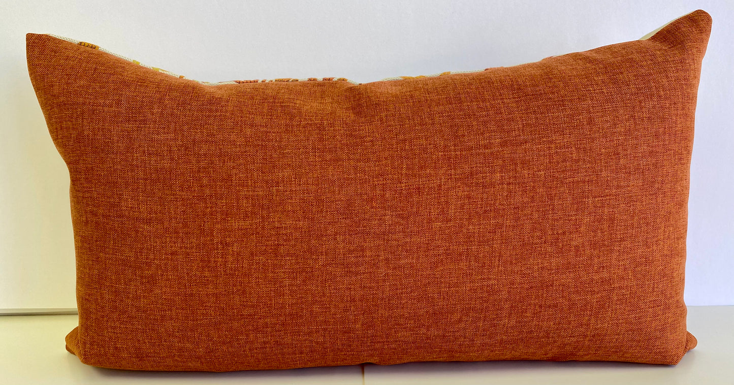 Luxury Lumbar Pillow - 24" x 14" -  Great Barrier - Tropical; Embroidered coral leaves on a sandy colored base