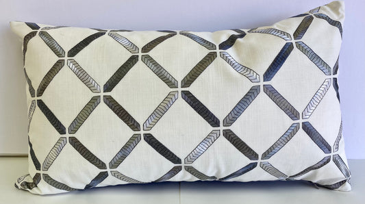 Luxury Lumbar Pillow - 24" x 14" - Granville- Silver; Shiny silver embroidered design on a white background