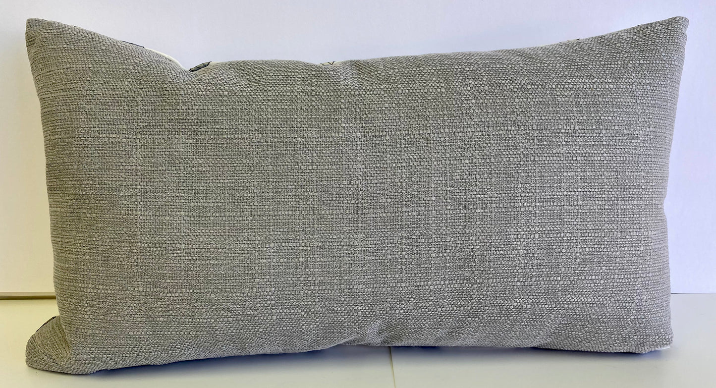 Luxury Lumbar Pillow - 24" x 14" - Granville- Silver; Shiny silver embroidered design on a white background