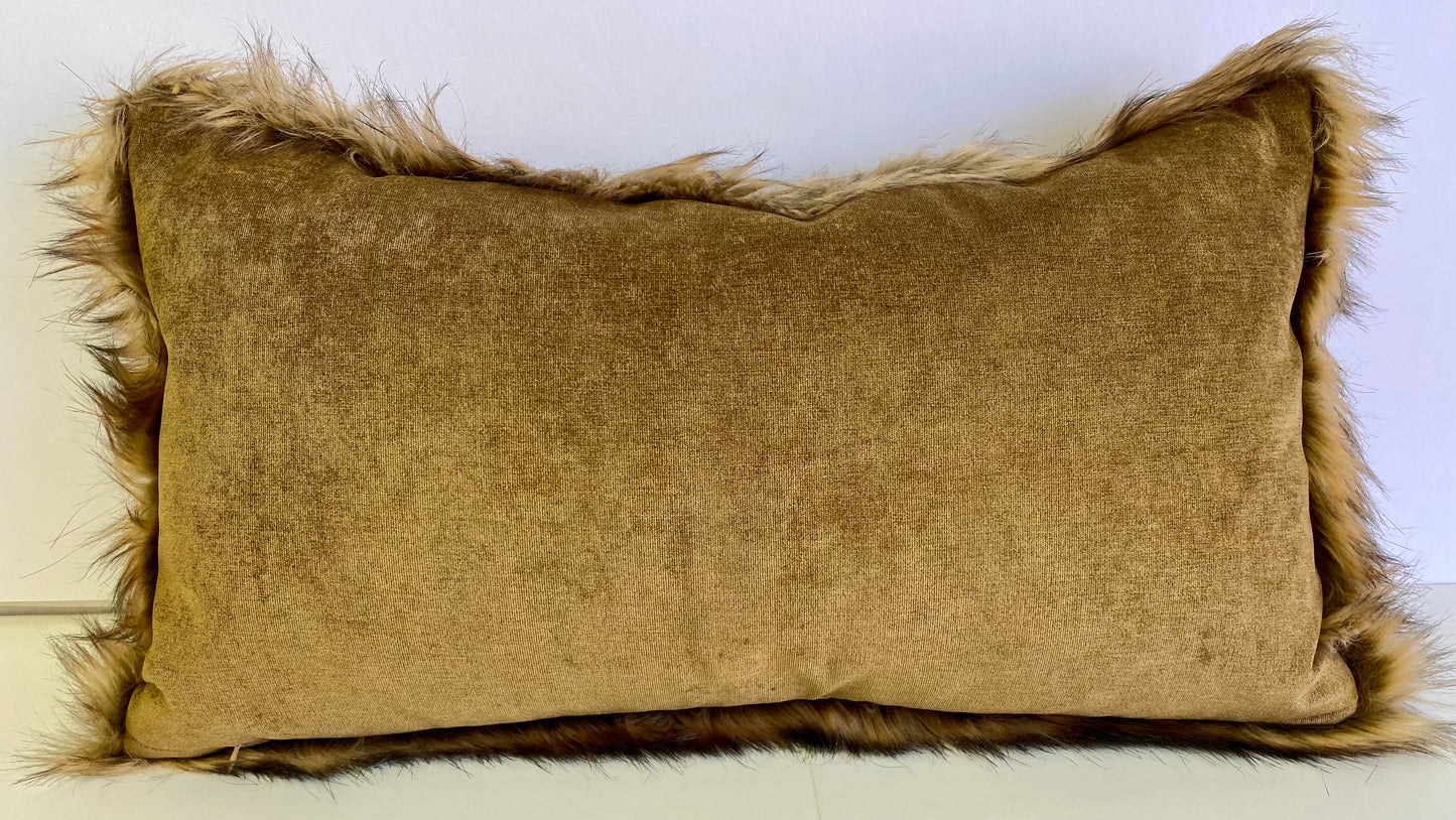 Luxury Lumbar Pillow - 24" x 14" -  Gold Wolf; Faux Fur