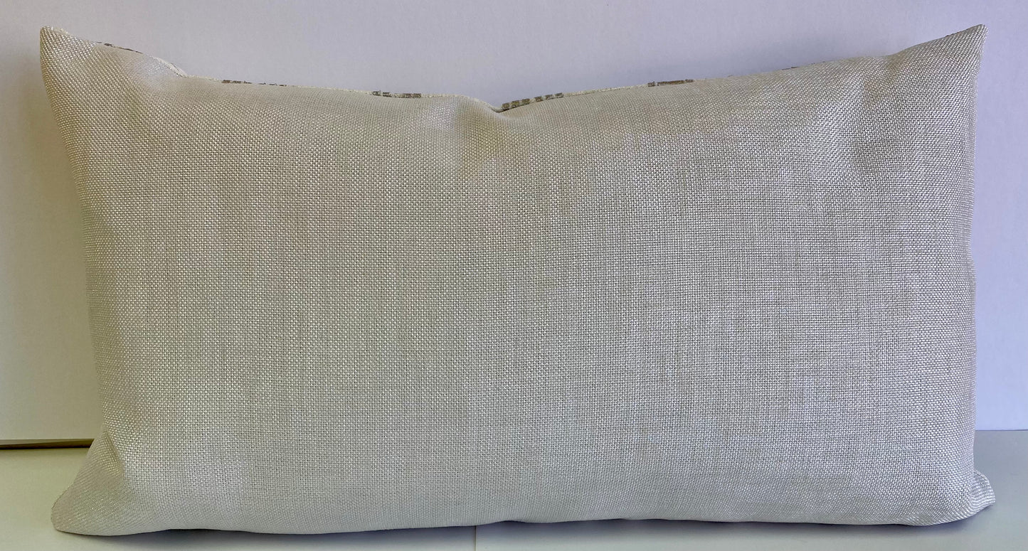 Luxury Lumbar Pillow - 24" x 14" - Harmon Lumbar-Silver; embroidered pattern of silver on an off white background