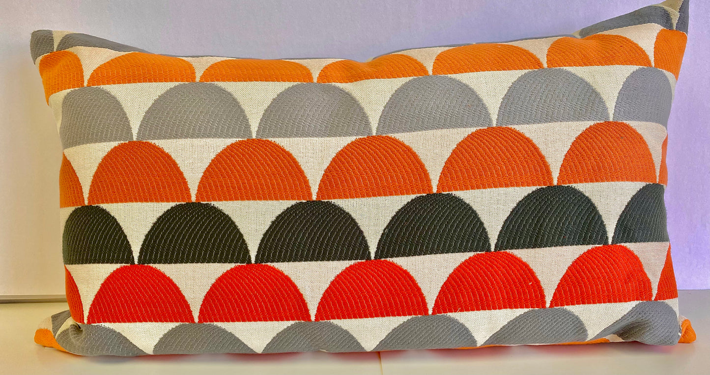 Luxury Lumbar Pillow - 24" x 14" - Kehoe Lumbar-Orange; Embroidered design of coral, orange, terracotta, gray and charcoal over a cream background