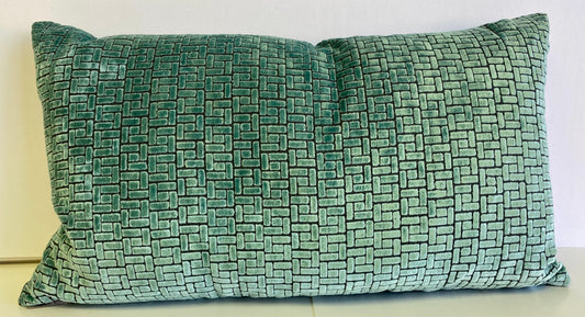 Luxury Lumbar Pillow - 24" x 14" - Jenga-Laguna; Teal basket weave velvet with plain teal velvet backing