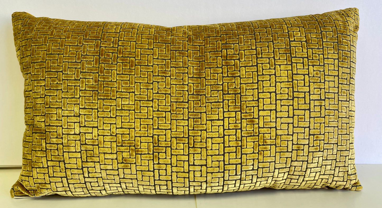 Luxury Lumbar Pillow - 24" x 14" - Jenga Lumbar-Gold; A sculptured brick pattern of lush gold velvet