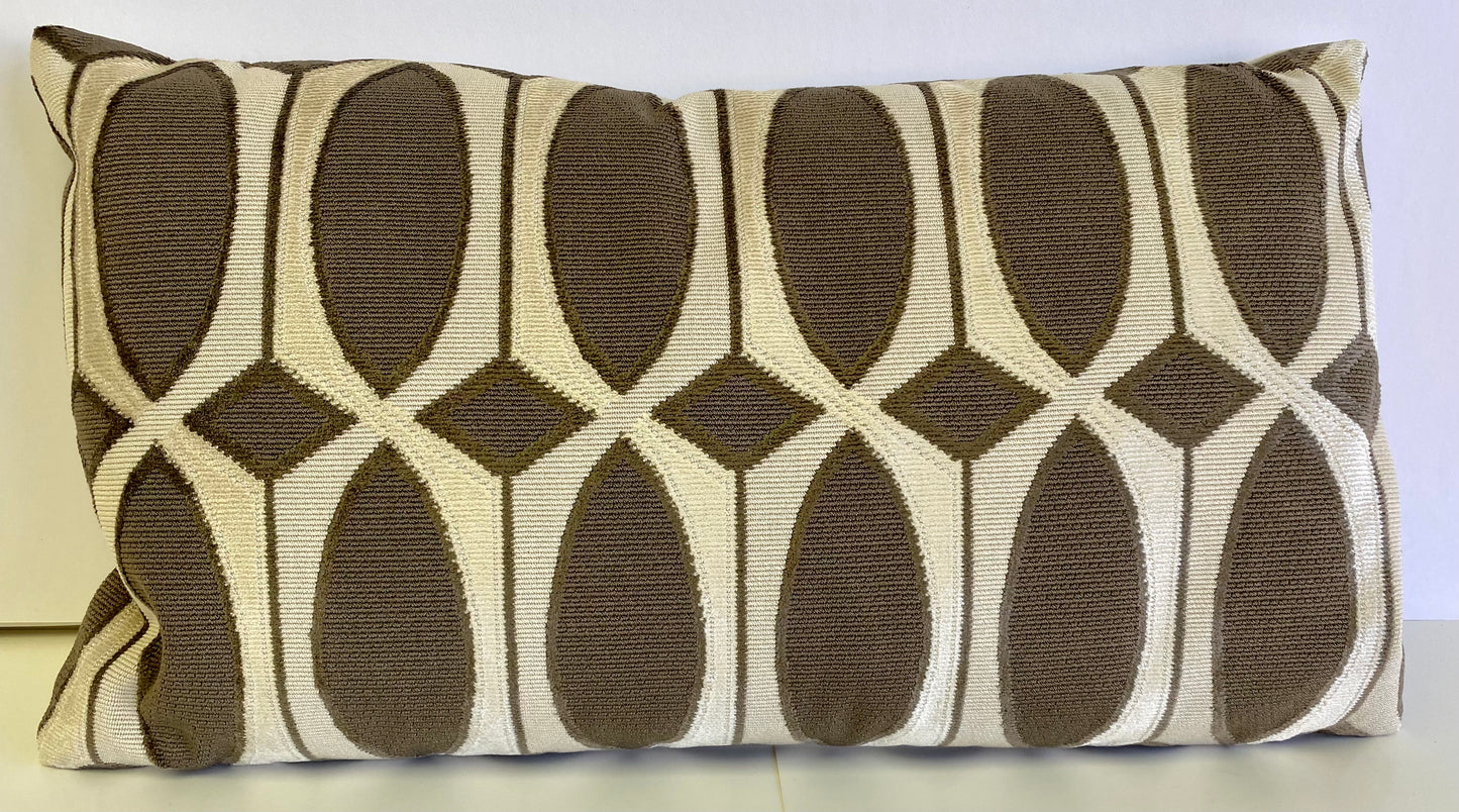 Luxury Lumbar Pillow - 24" x 14" - Leonardo Taupe; Taupe & cream geometric design with espresso brown detail outline in a soft velvety fabric