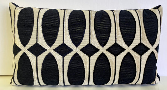 Luxury Lumbar Pillow - 24" x 14" - Leonardo Ebony; A geometric design in Black is Woven on a Pearl White Polyester base cloth.