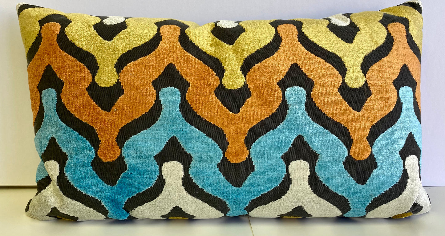 Luxury Lumbar Pillow - 24" x 14" - Monroe - Carnival; Gold, orange, sky and silver ogee shapes on black base
