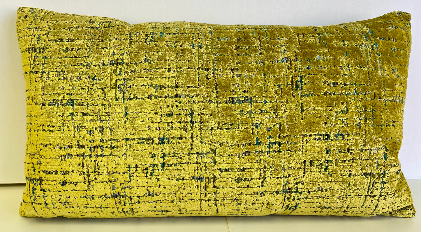 Luxury Lumbar Pillow 24" x 14" - Moonstruck Lumbar-Sulfur; lush velvet in a glowing sulfuric acid with teal underneath