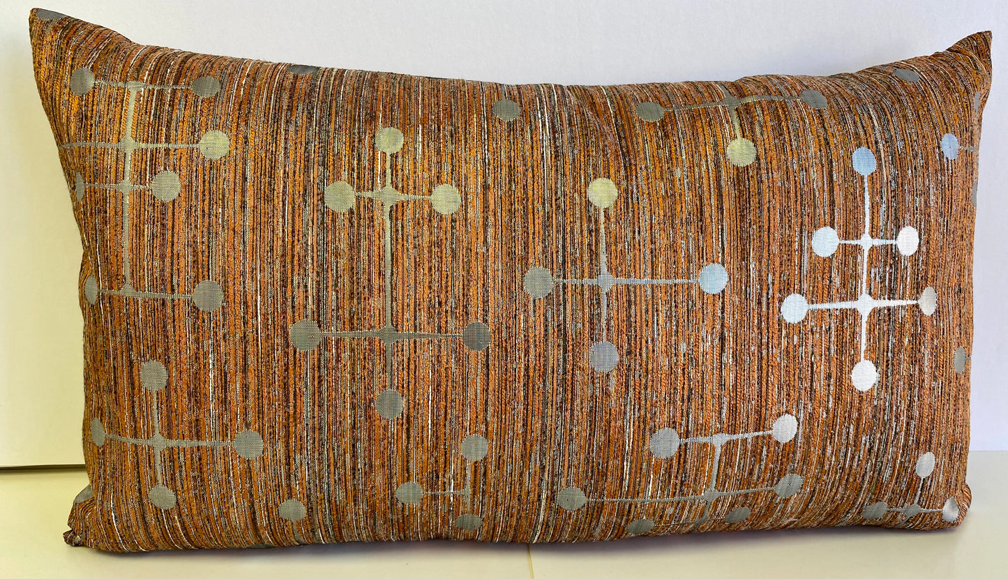 Luxury Lumbar Pillow - 24” x 14” - Morse Copper; Silver mid-century modern design over a copper background