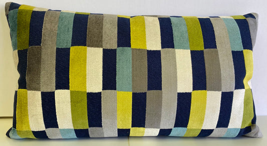 Luxury Lumbar Pillow - 24" x 14" - Mod Pop Lumbar - Mosaic; Rectangles of chartreuse, navy, silver and sky