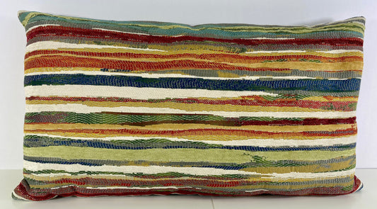 Luxury Lumbar Pillow - 24” x 14” - Parallel-Multi; Chenille fabric in green, red, orange & cream striped pattern