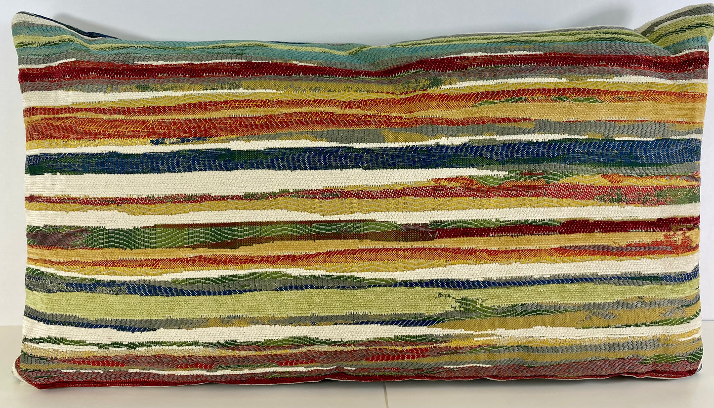 Luxury Lumbar Pillow - 24” x 14” - Parallel-Multi; Chenille fabric in green, red, orange & cream striped pattern