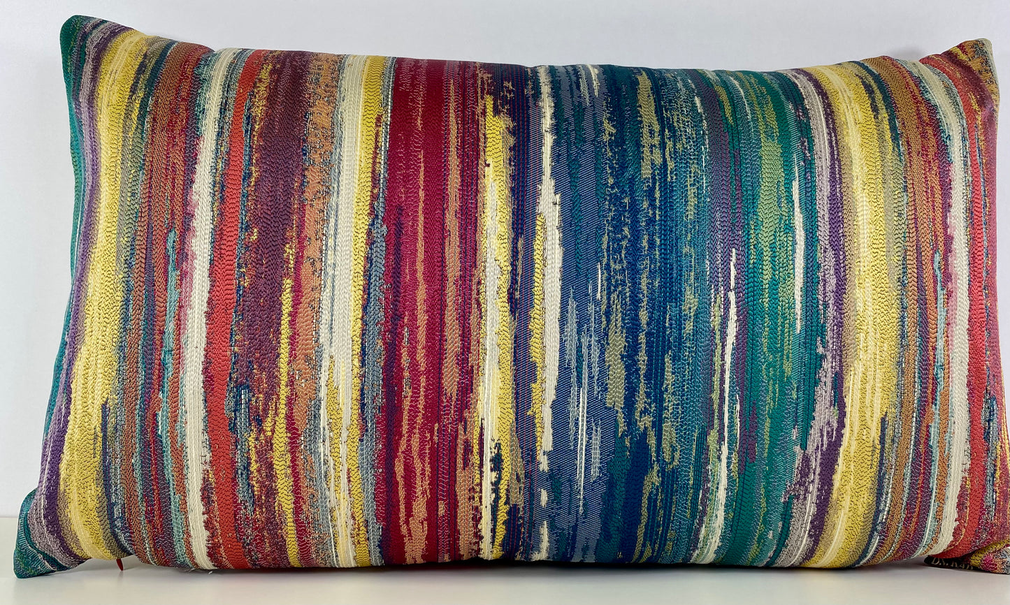 Luxury Lumbar Pillow - 24" x 14" - Roy G Carnival; Embroidered yellow, blue, orange, purple, teal and fuchsia in abstract stripes