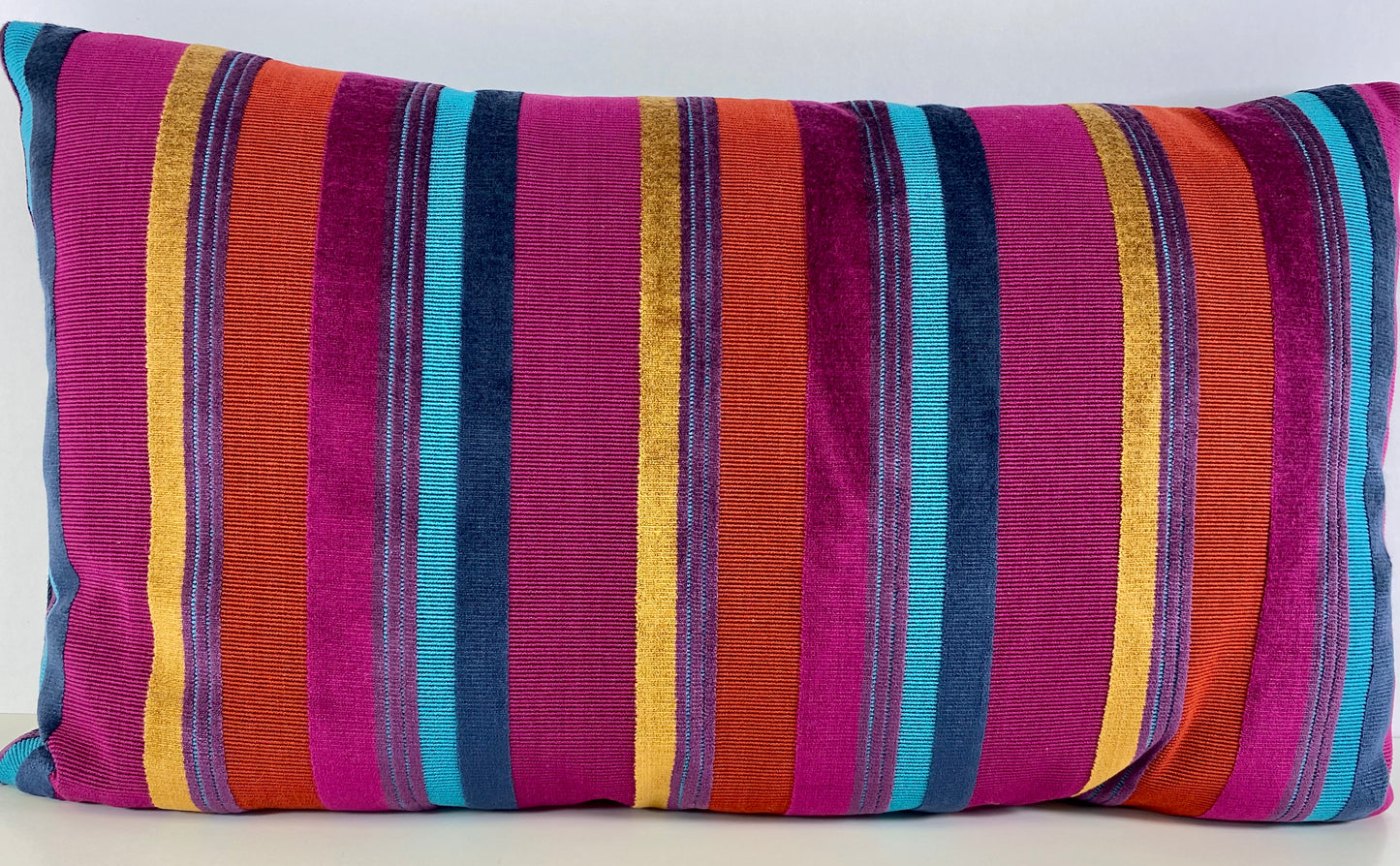 Luxury Lumbar Pillow; 24" x 14" - Spark and Spunk a vibrant striped pattern of Fuchsia, blues, gold and orange