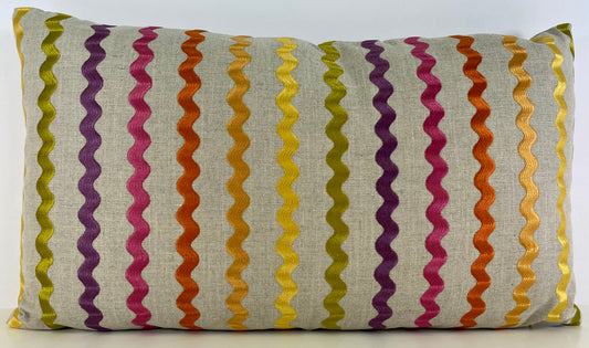 Luxury Lumbar Pillow - 24” x 14” - Samba Blossom; Embroidered wavy stripes of green, yellow, orange, fuchsia and purple on a cream background