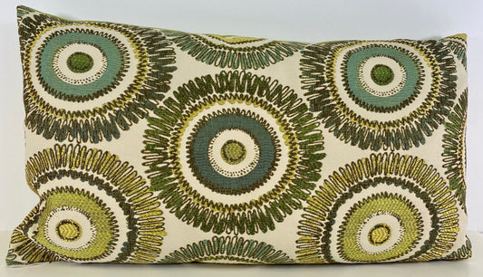 Luxury Lumbar Pillow - 24" x 14" -  Squiggs; Stylized flowers or simply fun circles, you decide.  Teal, chartreuse and green on a stone ground.